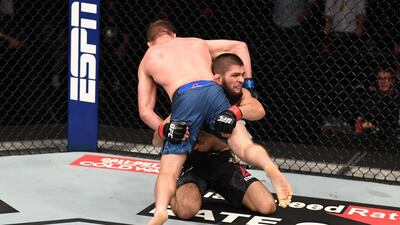Khabib Nurmagomedov takes down Justin Gaethje. Getty