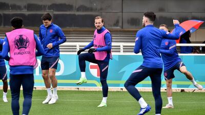 England Harry Kane, centre, during training. PA