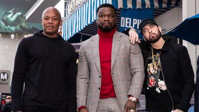 US rappers Dr Dre, Curtis '50 Cent' Jackson and Eminem, pose as 50 Cent is honoured with the 2,686th star on the Hollywood Walk of Fame, in Hollywood, California, USA. The star was dedicated in the category of Recording. EPA