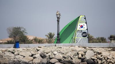 A South Korean sailor's boat shown on Wednesday ahead of the Thursday start to the 2015 ISAF Sailing World Cup Final in Abu Dhabi. Pedro Martinez / Sailing Energy / ISAF
