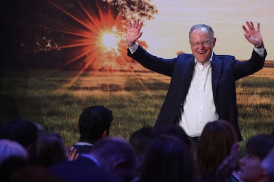 Stephan Weil, the leader of the Social Democrats in Lower Saxony, celebrates victory in the state election. AFP