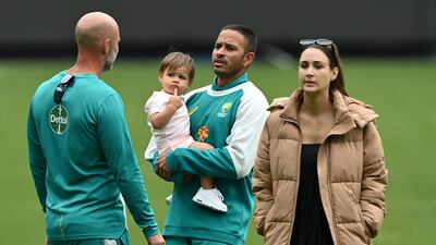Usman Khawaja with wife Rachel and daughter Aisha during an Australian cricket team training session, at the MCG in Melbourne, Australia, 25 December 2021. EPA