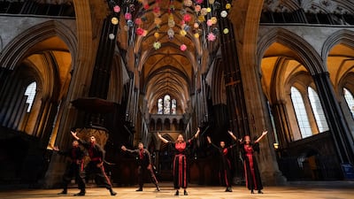 Alrowwad Dabka Dance group perform in Salisbury Cathedral. It is regarded as one of the leading examples of Early English Gothic architecture