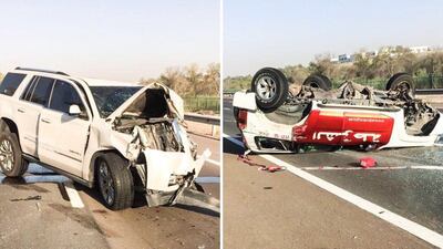 The driver of the 4x4 vehicle did not see the traffic signs warning of an accident ahead. Courtesy Abu Dhabi Police