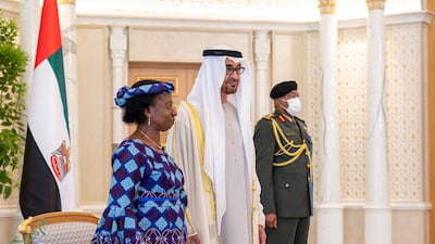 Sheikh Mohamed receives Marie Ngica Obombo, ambassador of the Democratic Republic of Congo to the UAE. Mohamed Al Hammadi / UAE Presidential Court