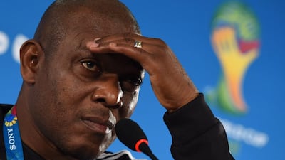 A picture dated 29 June 2014 shows Nigeria’s national soccer team coach Stephen Keshi speaking during a press conference in Brasilia, Brazil. EPA/MARIUS BECKER
