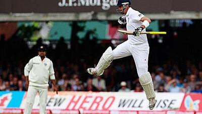 Kevin Pietersen celebrates reaching his hundred against India at Lord’s yesterday.
