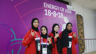 From left to right: Bashayer Al Matrooshi, Wadima Al Yafei, Mahra Al Hanaei and Hessa Al Shamsi of the UAE jiu-jitsu team after the weigh-in. Courtesy Adil Al Naimi