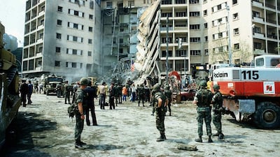 The aftermath of the truck-bombing of the US Embassy in Beirut in which Robert Ames was killed. AP Photo