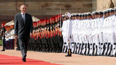 Afghan President, Mohammad Ashraf Ghani, inspects guards of honor during a welcome ceremony in New Delhi. EPA