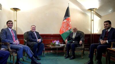 US Secretary of State Mike Pompeo (second left) meets with Afghan President Ashraf Ghani, together with US Secretary of Defence Mark Esper (left) and Acting Minister of Defense of Afghanistan Asadullah Khalid (right), during the Munich Security conference in Munich, southern Germany. Reuters