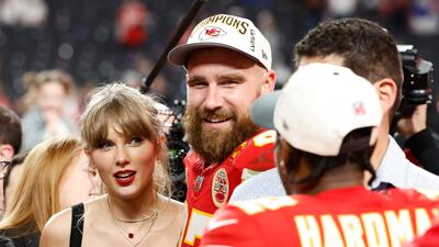 Taylor Swift and Kansas City Chiefs tight end Travis Kelce celebrate the Chiefs victory over the 49ers on Sunday. EPA