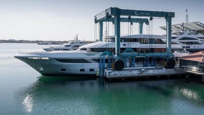 'Majesty 175' is lowered into the water for its 'splashing ceremony'. Courtesy Gulf Craft