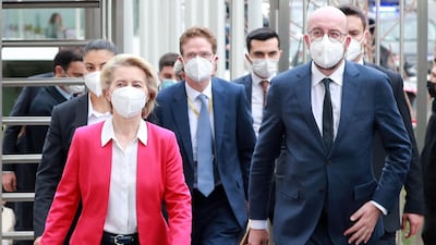 European Commission President Ursula von der Leyen and EU Council President Charles Michel (R) arrive for a joint news conference after talks with Turkey's President in Ankara on April 6. AFP