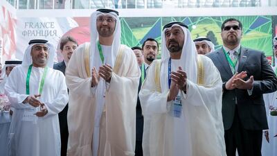 Sheikh Ahmed bin Saeed Al Maktoum, Chairman of the Higher Committee of Expo 2020 Dubai, and Dr Sultan Ahmad Sultan Al Jaber, Minister of State and Chairman of the National Media Council, open the UAE pavilion at the Astana Expo on Saturday. WAM