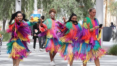 Artists performing during the parade at the EXPO 2020 site in Dubai on 3 October, 2021. Pawan Singh/The National.