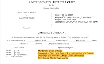 Unsealed court documents reveal the charges faced by Elias Rodriguez, who is accused of shooting and killing two Israeli embassy workers in Washington. Pacer