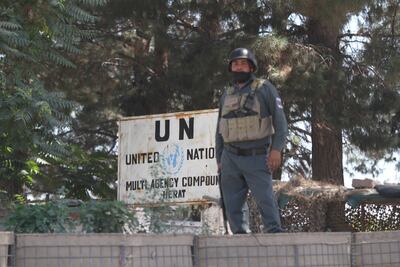 An Afghani soldier stands guard outside the UN office in Herat, Afghanistan, 08 July 2020. EPA