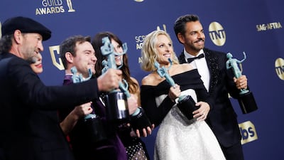 'Coda' director Sian Heder and cast members Troy Kotsur, Daniel Durant, Emilia Jones, Marlee Matlin and Eugenio Derbez backstage after winning Outstanding Performance by a Cast in a Motion Picture. Reuters