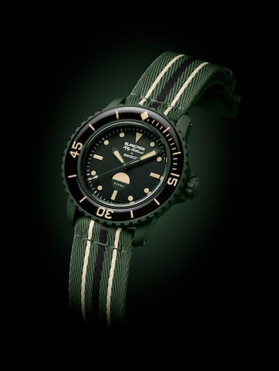 The colour combination of the Green Abyss dive watch was made possible thanks to Bioceramic, a one-of-a-kind, composite material derived from castor oil that gives the case and loop strength and softness. Photo: Swatch
