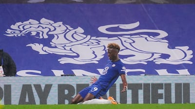 Tammy Abraham celebrates after scoring for Chelsea against West Ham. EPA