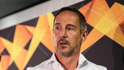 Adi Hutter attends the press conference for Eintract Frankfurt's Europa League semi-final, first leg against Chelsea. EPA