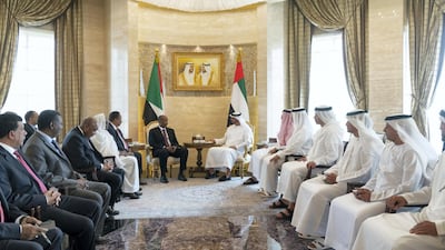 Sheikh Mohamed bin Zayed, Crown Prince of Abu Dhabi and Deputy Supreme Commander of the Armed Forces, meets with General Abdel Fattah Al Burhan, Chairman of Sudan's Sovereign Council, at Al Shati Palace. Seen with Jassem Mohamed Bu Ataba Al Zaabi, Chairman of Abu Dhabi Executive Office and Abu Dhabi Executive Council Member (R), Ali Mohamed Hammad Al Shamsi, Deputy Secretary-General of the UAE Supreme National Security Council (2nd R), Sheikh Abdullah bin Zayed, Minister of Foreign Affairs and International Cooperation (3rd R), Sheikh Mansour bin Zayed, Deputy Prime Minister and Minister of Presidential Affairs (2nd R) and Sheikh Tahnoon bin Zayed, National Security Advisor (4th R). Ministry of Presidential Affairs