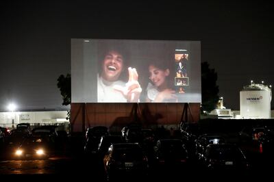 Director Dave Franco and cast member Alison Brie react as they take part in a Q&A session via Zoom from a vehicle after an advanced screening for the movie 'The Rental' in California last month. Reuters