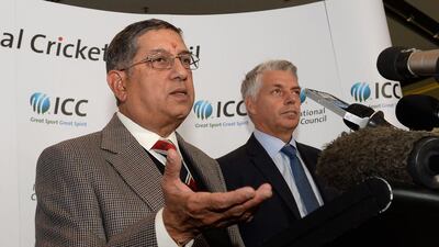 N Srinivasan, left, and David Richardson of the ICC will not heed UAE coach Aaqib Javed’s suggestion of introducing a promotion-relegation system. Mal Fairclough / AFP