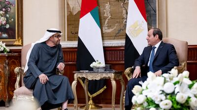 President Sheikh Mohamed meets Abdel Fattah El Sisi, President of Egypt, in Cairo. Photo: Abdulla Al Neyadi / UAE Presidential Court