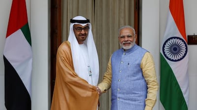 Sheikh Mohammed bin Zayed, Crown Prince of Abu Dhabi and Deputy Supreme Commander of the Armed Forces, with India's prime minister Narendra Modi. Ties between the two countries are strong. Adnan Abidi / Reuters