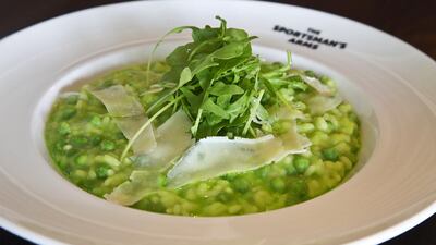 Spring Pea Risotto, Boston Night Brunch at: The Sportsman’s Arms, Zayed Sports City, Abu Dhabi. Courtesy of The Sportman’s Arms.