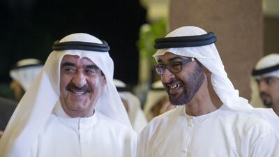 Sheikh Mohammed bin Zayed, Crown Prince of Abu Dhabi and Deputy Supreme Commander of the Armed Forces, right, speaks with Sheikh Saud bin Rashid Al Mu’alla, Ruler of Umm Al Quwain. Ryan Carter / Crown Prince Court - Abu Dhabi
