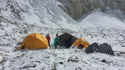 Handout photo. UAE Everest Team for Weekend. Oxygen bottles dumped at Camp 2.