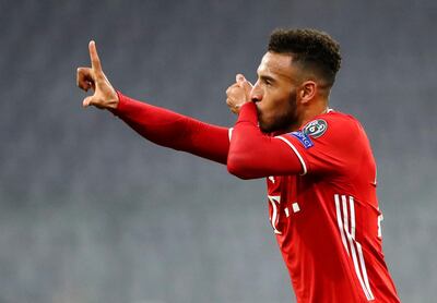 Bayern Munich's Corentin Tolisso celebrates after scoring his team's third goal during the Champions League Group A soccer match between Bayern Munich and Atletico Madrid at the Allianz Arena in Munich, Germany, Wednesday, Oct. 21, 2020. AP Photo