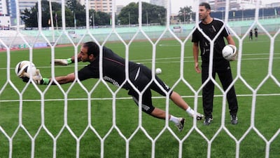Palestine goalkeeper Ramzi Saleh shown during a national team training session on September 4, 2014. Palestine have qualified for the 2015 Asian Cup in Australia. Jay Directo / AFP