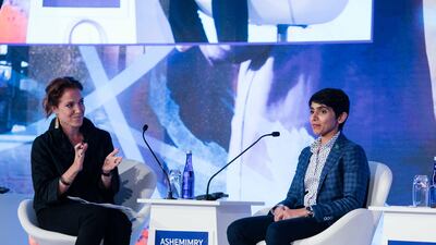 Arwa Damon, senior international correspondent for CNN, left, with Mishaal Ashemimry, founder of Mishaal Aerospace in Saudi Arabia, during the MiSK-UNDP youth forum in New York City on September 15, 2017. Courtesy MiSK Foundation