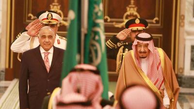 Saudi Arabia's King Salman meets with Iraq's Prime Minister Adel Abdul Mahdi during an official reception ceremony in Riyadh, Saudi Arabia April 17, 2019. Reuters