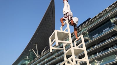 Omar Khaldouni entertains people at breakfast with the stars ahead of the Dubai World Cup at Meydan. Chris Whiteoak / The National