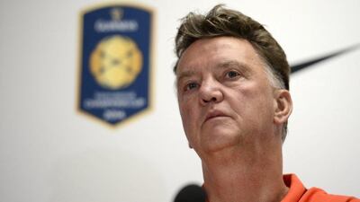 Manchester United manager Louis van Gaal shown at a press conference on July 28, 2014 during their US pre-season tour. Shawn Thew / EPA
