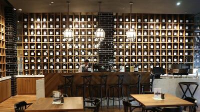 75 different types of tea on display at the Leopolds of London restaurant in Riverland at Dubai Parks and Resorts in Dubai. Pawan Singh / The National