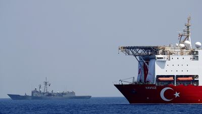 File photo: The Turkish drilling vessel Yavuz is seen being escorted by a Turkish Navy frigate in the eastern Mediterranean off Cyprus, August 6, 2019 Reuters