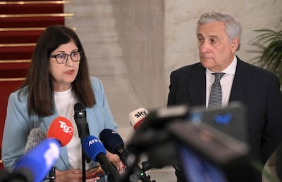 Palestinian Foreign Minister Varsen Aghabekian, left, and Italy's Foreign Minister Antonio Tajani at the meetingin Rome. AFP