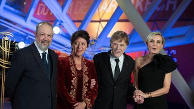 Sibylle Szaggars and Robert Redford and Melita Toscan and Sarim El Fassi Fihri du plantier attend the tribute to US actor and director Robert Redford during the 18th annual Marrakech International Film Festival. EPA