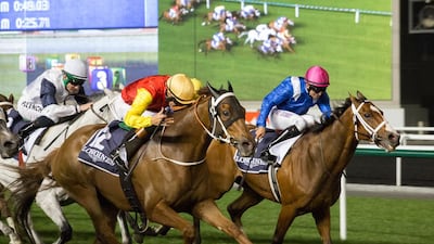 Red Duke won the Longines Conquest Classic, the fifth race of the night, at Meydan Racecourse in Dubai on Saturday night. Duncan Chard for The National