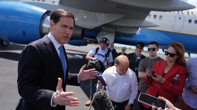 US Secretary of State Marco Rubio speaks to the press before leaving Florida for Sweden. AFP