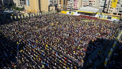 Nasrallah addresses Hezbollah supporters during an election rally in Beirut in May 2022. EPA