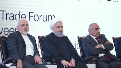 Iranian President Hassan Rouhani attends a trade forum with Iraq's Prime Minister Adel Abdul Mahdi and Iranian Foreign Minister, Mohammad Javad Zarif, in Baghdad. Reuters