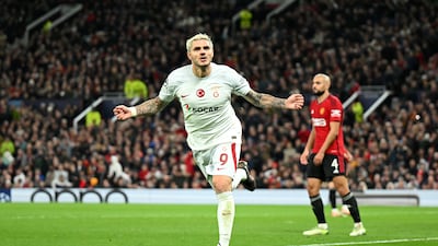 Mauro Icardi of Galatasaray celebrates after scoring his team's third goal during the Champions League match against Manchester United at Old Trafford on Tuesday, October 3, 2023. Getty