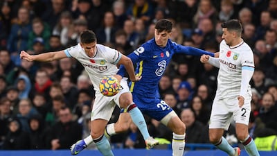 Kai Havertz, centre, scored the opening goal for Chelsea before Matej Vydra scored the equaliser for Burnley 11 minutes from time. EPA